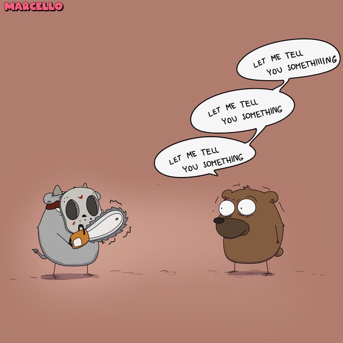 A masked creature with a chainsaw and a talkative bear