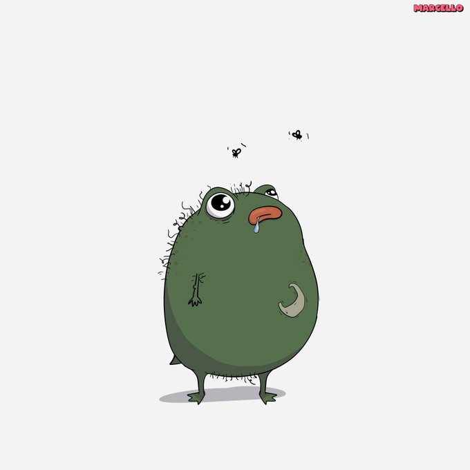 Marcello, a round green creature, standing under two flies