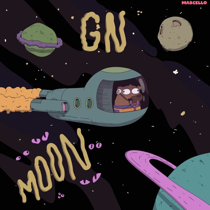 A rocket crossing space above the words GN MOON