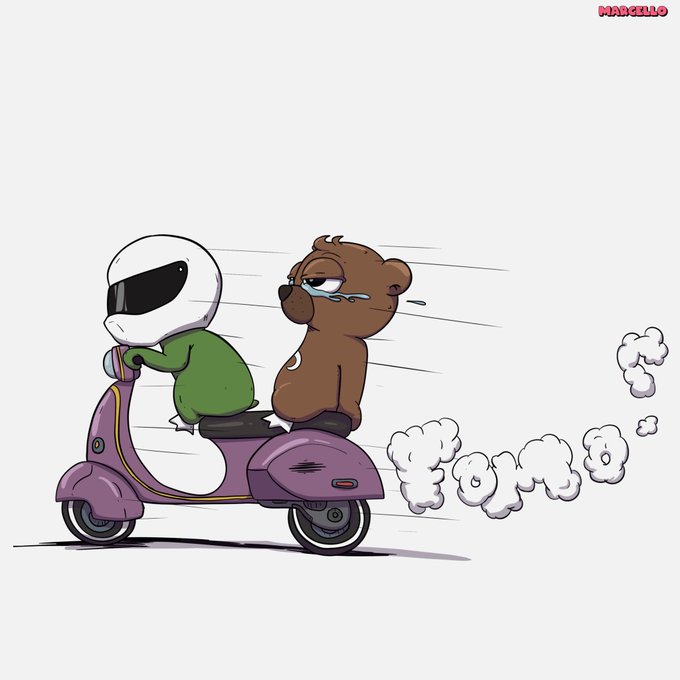 Marcello and a bear riding a purple scooter